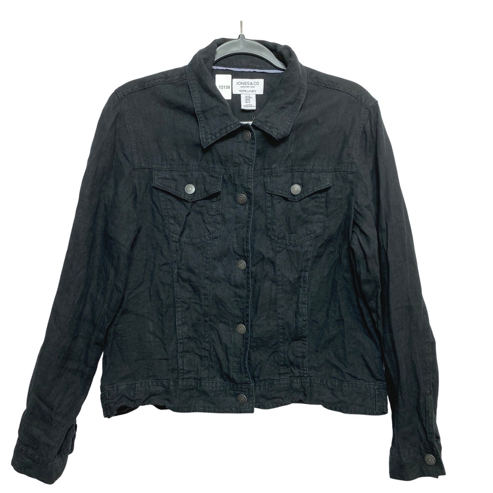 Jones & Co Linen Jacket Womens Medium Black Trucker Button-Down Pocket
